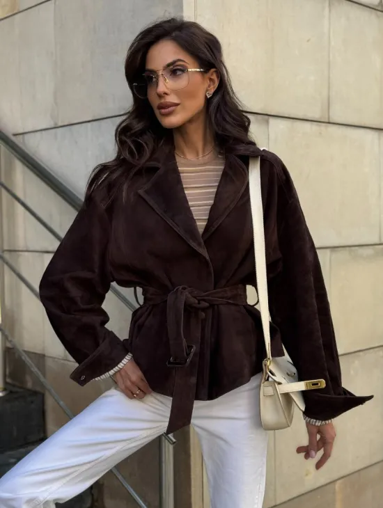 Жакет - куртка из замшевой кожи LUX с поясом - фото 5