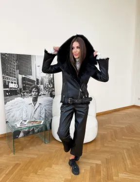 Стильная дубленка с капюшоном из овчины тоскана - фото 4