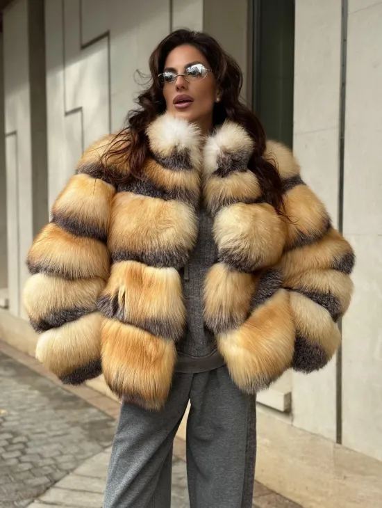 Полушубок из меха лисы Golden-grey fox стойка воротник - фото 4