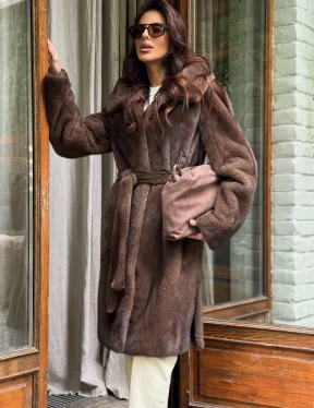 Норковая шуба с капюшоном - цвет орех - фото 3