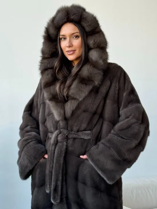 Длинная норковая шуба с капюшоном - графит - фото 3