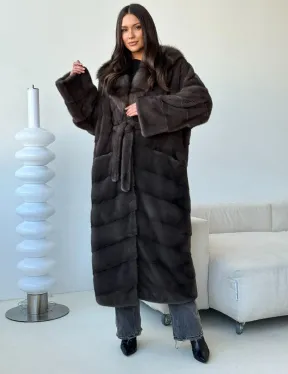 Длинная норковая шуба с капюшоном - графит - фото 8