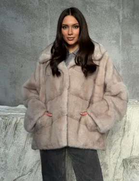 Норковый полушубок с капюшоном в цвете пудра - фото 5