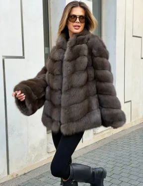 Шуба из куницы в цвете соболь - рукава косичкой - фото 3