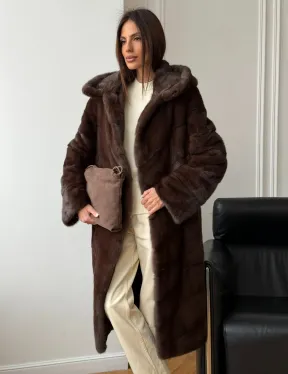 Коричневая норковая шуба с капюшоном - фото 10