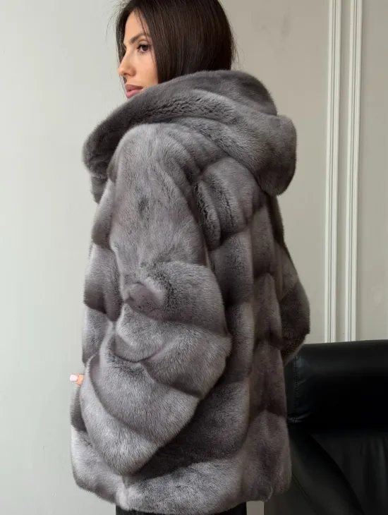 Норковый полушубок с капюшоном - цвет Platinum - фото 6