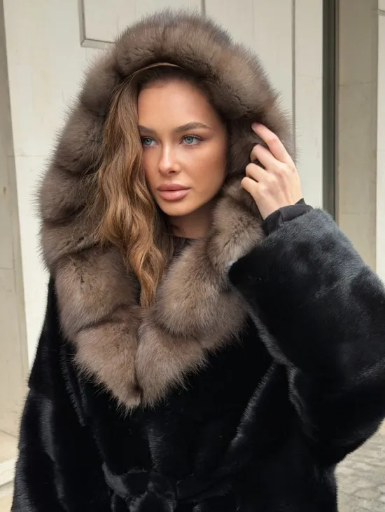 Длинная норковая шуба - кимоно с капюшоном куница - фото 6