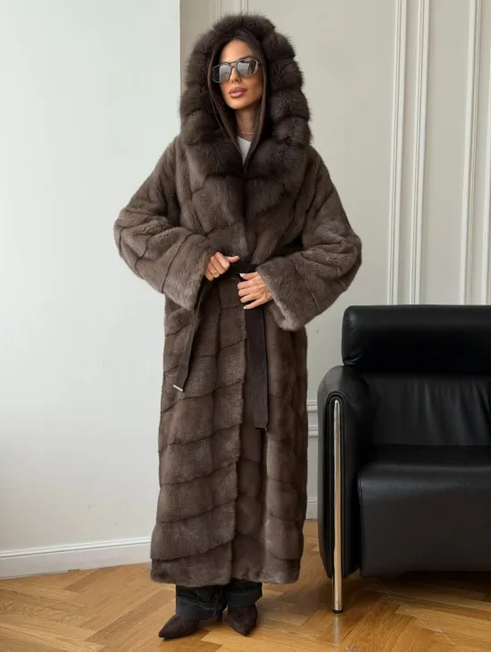 Шуба-кимоно с капюшоном куница - фото 10