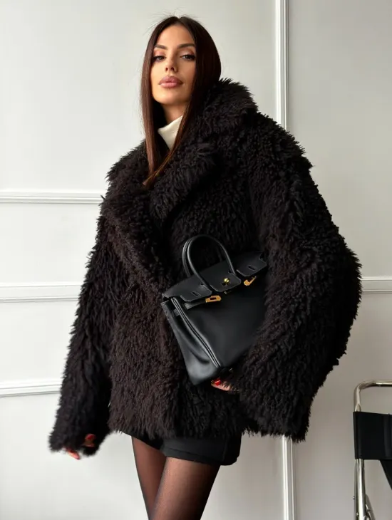 Коричневая дубленка из меха Тиградо - фото 7