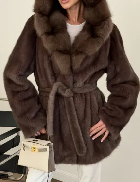 Коричневый норковый полушубок с мехом куницы - фото 1