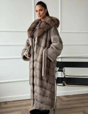 Шуба-кимоно норка в пол с капюшоном куница - фото 7