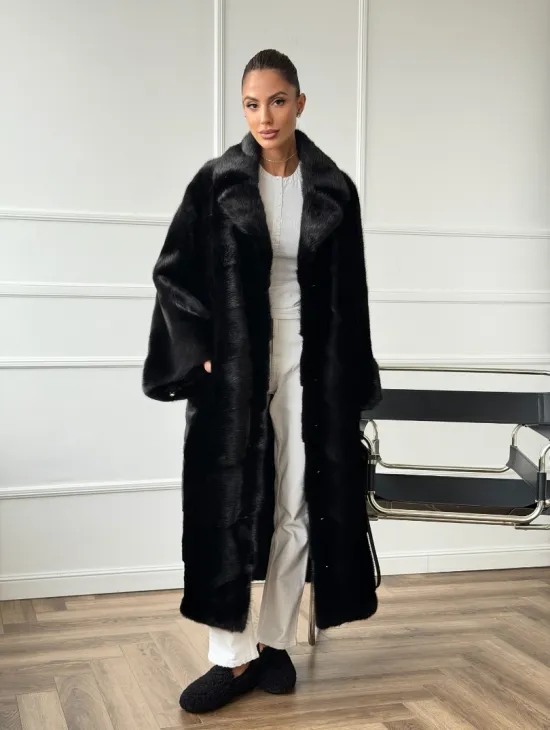 Черное меховое норковое пальто в стиле 