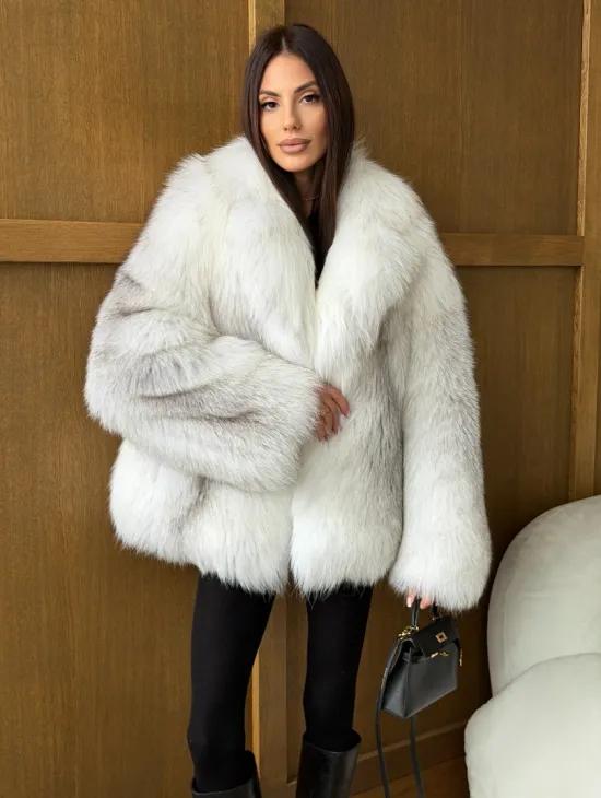 Белый полушубок из крестовой лисы - английский воротник - фото 9