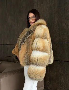 Полушубок-кроп с шалевым воротником из лисы - фото 16