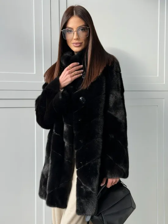 Черная норковая шуба - стойка воротник - фото 7