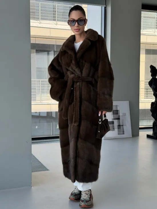 Коричневая норковая шуба - кимоно - фото 7