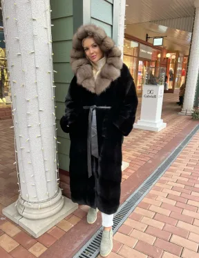 Черная норковая шуба с капюшоном из меха куницы - фото 4