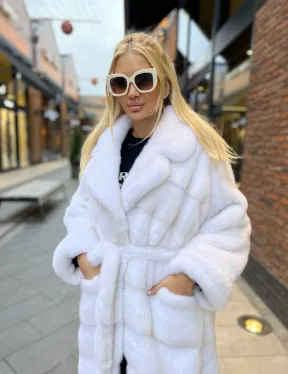 Удлиненная шуба из меха датской норки в цвете паломино - фото 0