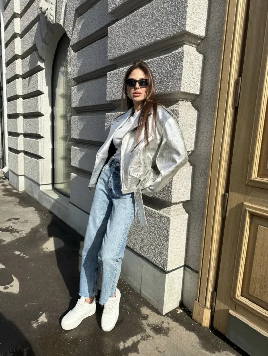 Куртка - косуха из натуральной кожи цвет серебристый - фото 6