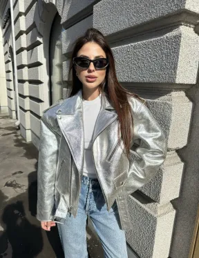 Куртка - косуха из натуральной кожи цвет серебристый - фото 3