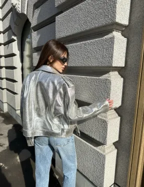 Куртка - косуха из натуральной кожи цвет серебристый - фото 7