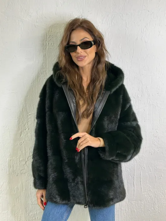 Короткая норковая шуба на молнии - цвет темный изумруд - фото 5