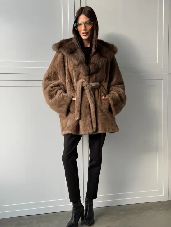 Норка NAFA пошив роспуск пастель с капюшоном куница -летучая мышь - фото 9