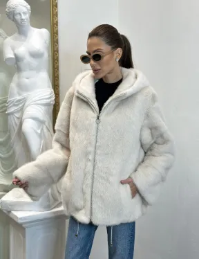 Норковая куртка с капюшоном - цвет ваниль - фото 5