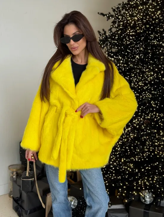 Шуба норковая летучая мышь роспуск - цвет лимонный (желтый) - фото 0