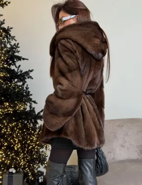 Норковый жакет с капюшоном, роспуск в цвете орех - фото 1