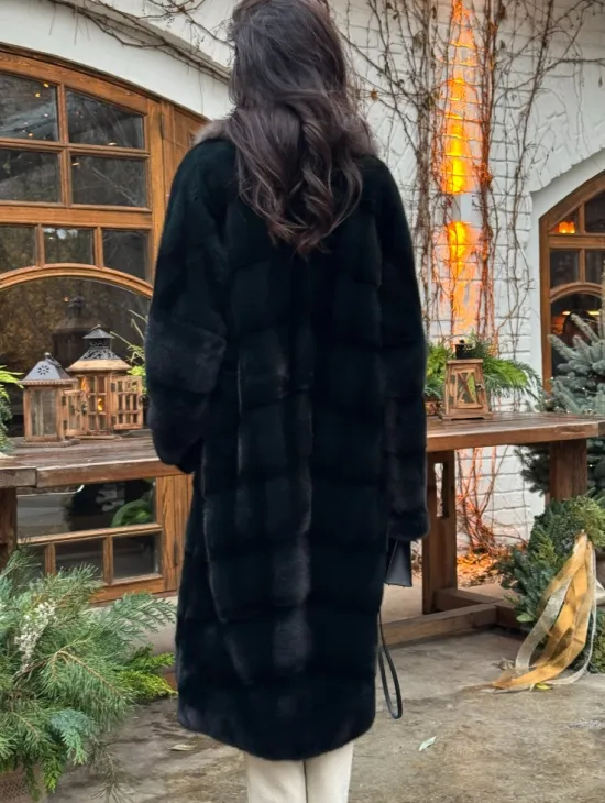Норковое кимоно с воротником из меха куницы - цвет черный изумруд - фото 4