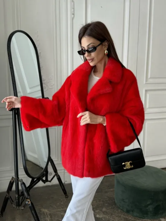 Красный норковый полушубок английский воротник роспуск - фото 2