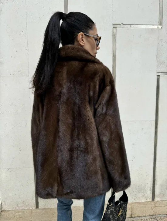 Шуба норковая - жакет с английским воротником цвет соболь - фото 8